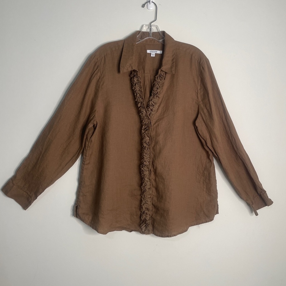 Chico’s Brown Ruffle-Trim Button Front Linen Top Size 2